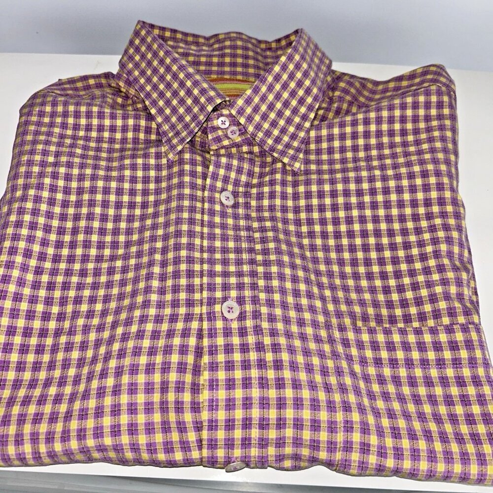 Bugatchi Uomo Long sleeve Purple Yellow Checked Button Up Bright Stripes Large